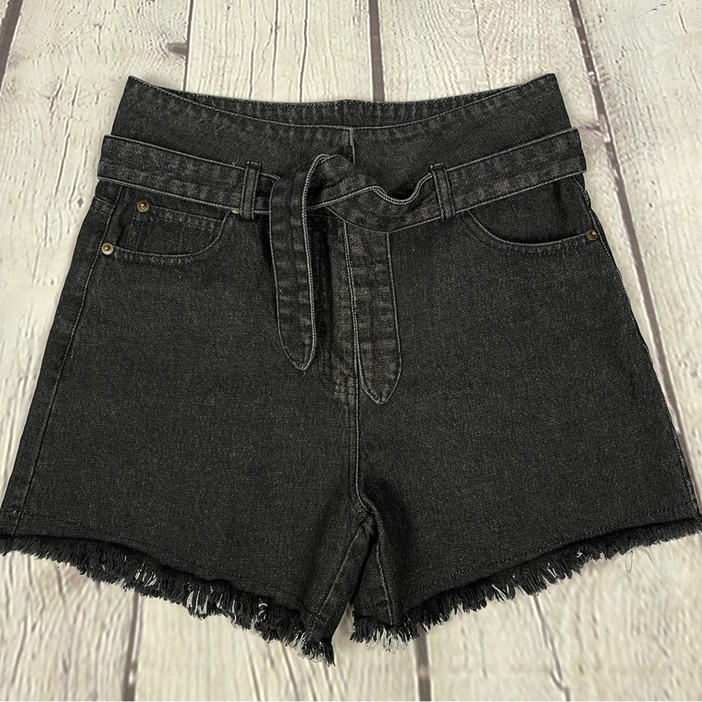 ETOPHE STUDIOS black denim belted high waisted shorts with fringe, size M - Picture 9 of 14